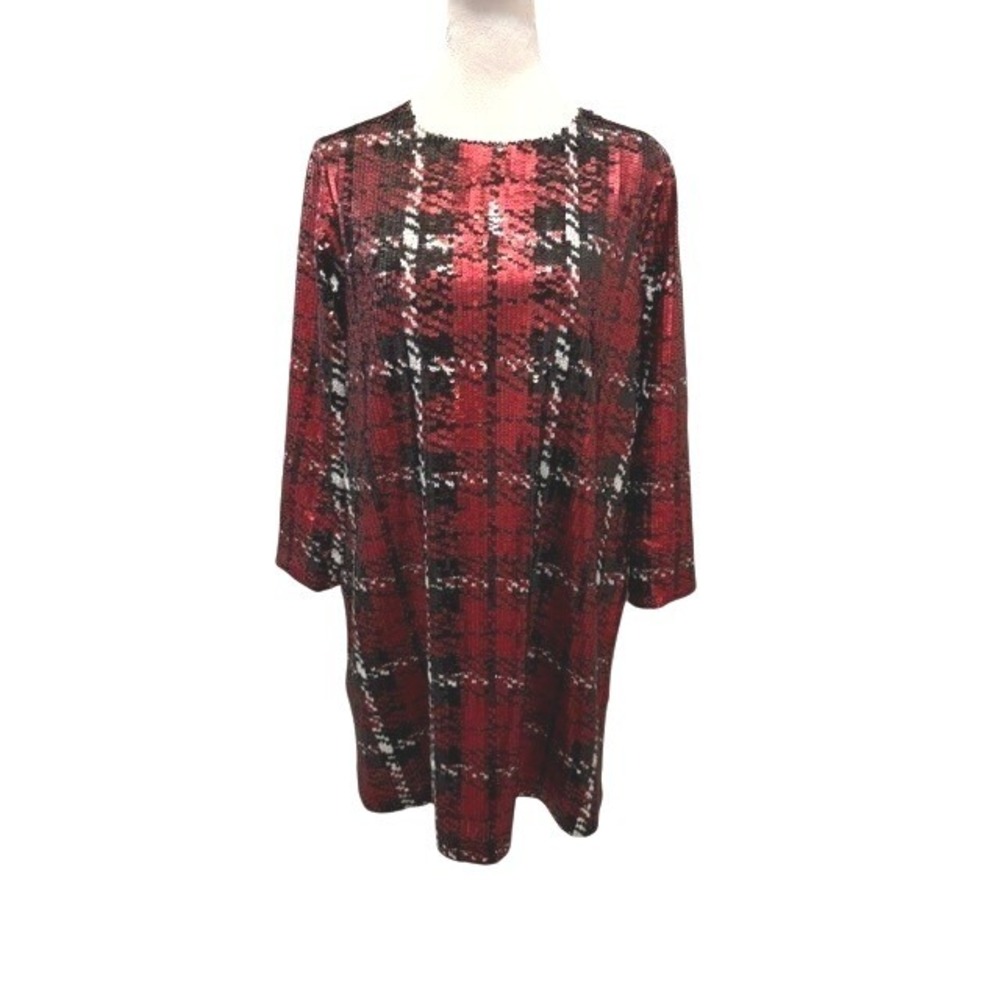 Tuckernuck Womens Medium Red Sequin Tartan Plaid Shift Dress 3/4 Sleeve Mini